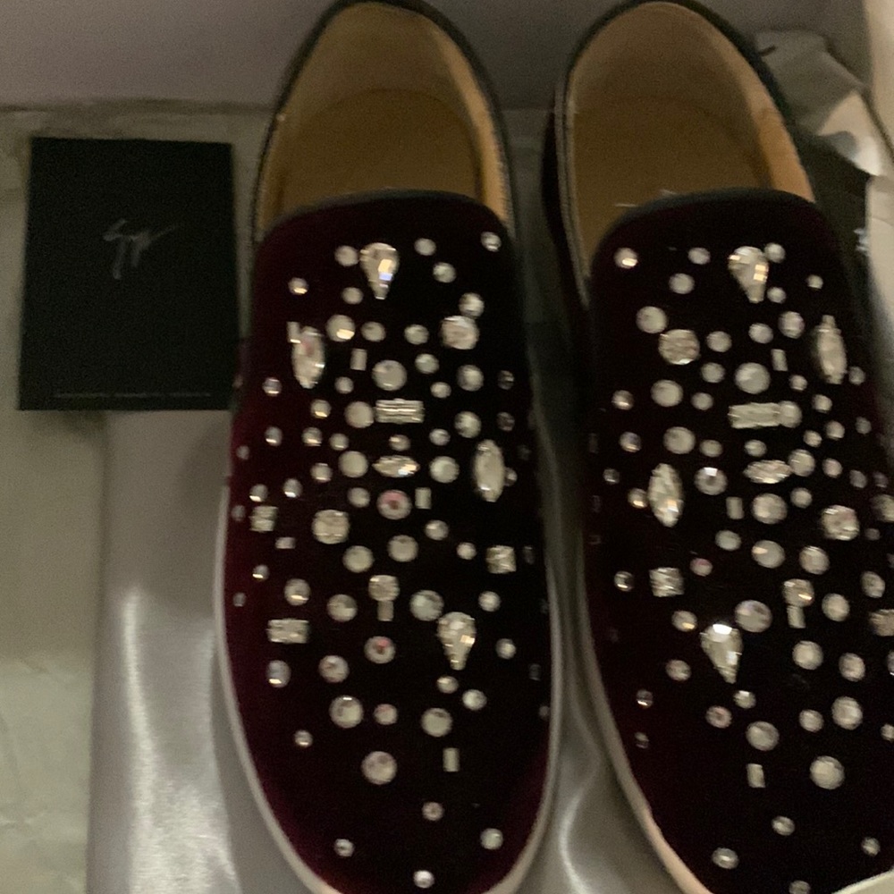 Giuseppe Zanotti maroon color blinged out slip ons